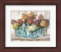 Framed Hydrangeas in Glass Jars White Wood