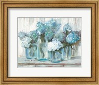 Framed Hydrangeas in Glass Jars Blue