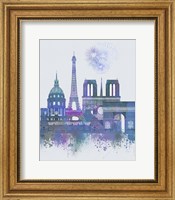 Framed Paris Skyline Watercolour Splash Blue