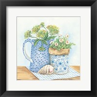 Framed 'Blue and White Pottery with Flowers I' border=