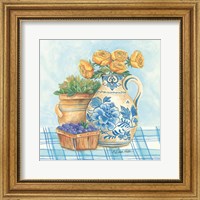 Framed 'Blue and White Pottery with Flowers II' border=