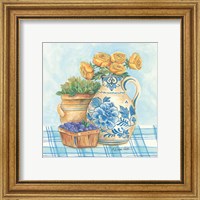 Framed 'Blue and White Pottery with Flowers II' border=