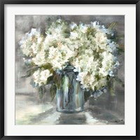 Framed White and Taupe Hydrangeas Sill Life