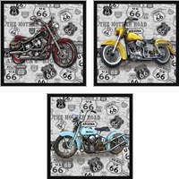 Framed 'Vintage Motorcycles on Route 66 3 Piece Art Print Set' border=