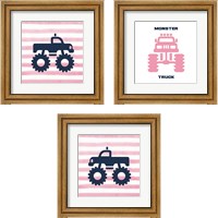 Framed 'Monster Truck Graphic Pink 3 Piece Framed Art Print Set' border=