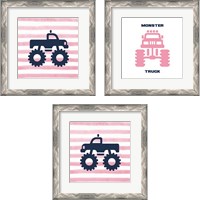 Framed 'Monster Truck Graphic Pink 3 Piece Framed Art Print Set' border=