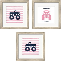 Framed 'Monster Truck Graphic Pink 3 Piece Framed Art Print Set' border=