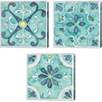 Framed 'Garden Getaway Tile Teal 3 Piece Canvas Print Set' border=