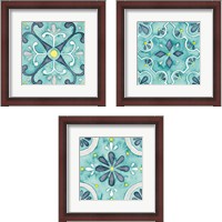Framed 'Garden Getaway Tile Teal 3 Piece Framed Art Print Set' border=