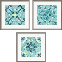 Framed 'Garden Getaway Tile Teal 3 Piece Framed Art Print Set' border=