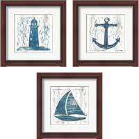 Framed 'Nautical Collage On White Wood 3 Piece Framed Art Print Set' border=