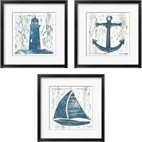 Framed 'Nautical Collage On White Wood 3 Piece Framed Art Print Set' border=