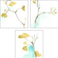 Framed Teal and Ochre Ginko 3 Piece Art Print Set