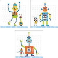 Framed 'Robot Party on Square Toys 3 Piece Art Print Set' border=