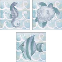 Framed 'Azure Sea Creatures  3 Piece Art Print Set' border=