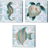 Framed 'Sea Creatures on Waves  3 Piece Canvas Print Set' border=