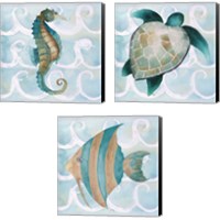 Framed 'Sea Creatures on Waves  3 Piece Canvas Print Set' border=