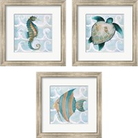 Framed Sea Creatures on Waves  3 Piece Framed Art Print Set