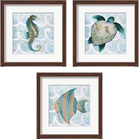 Framed 'Sea Creatures on Waves  3 Piece Framed Art Print Set' border=