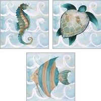 Framed Sea Creatures on Waves  3 Piece Art Print Set