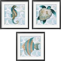 Framed Sea Creatures on Waves  3 Piece Framed Art Print Set