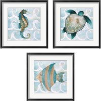 Framed 'Sea Creatures on Waves  3 Piece Framed Art Print Set' border=