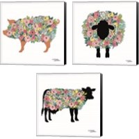 Framed Floral Farm Animals 3 Piece Canvas Print Set