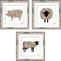 Framed 'Floral Farm Animals 3 Piece Framed Art Print Set' border=