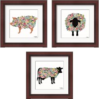 Framed 'Floral Farm Animals 3 Piece Framed Art Print Set' border=