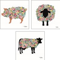 Framed Floral Farm Animals 3 Piece Art Print Set