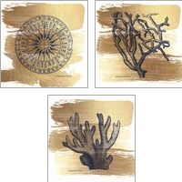 Framed 'Brushed Gold Nautical 3 Piece Art Print Set' border=