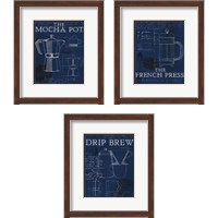 Framed 'Coffee Blueprint Indigo 3 Piece Framed Art Print Set' border=