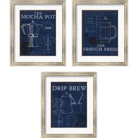 Framed 'Coffee Blueprint Indigo 3 Piece Framed Art Print Set' border=