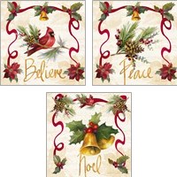 Framed 'Christmas Poinsettia Ribbon 3 Piece Art Print Set' border=