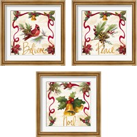 Framed 'Christmas Poinsettia Ribbon 3 Piece Framed Art Print Set' border=