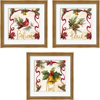 Framed 'Christmas Poinsettia Ribbon 3 Piece Framed Art Print Set' border=