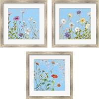 Framed 'Wild Flowers on Cerulean 3 Piece Framed Art Print Set' border=