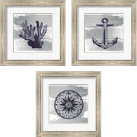 Framed 'Nautical Brushed Midnight Blue 3 Piece Framed Art Print Set' border=