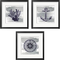 Framed Nautical Brushed Midnight Blue 3 Piece Framed Art Print Set