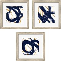 Framed 'Navy with Gold Strokes 3 Piece Framed Art Print Set' border=