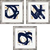 Framed 'Navy with Gold Strokes 3 Piece Framed Art Print Set' border=