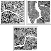Framed City Maps Black 3 Piece Art Print Set
