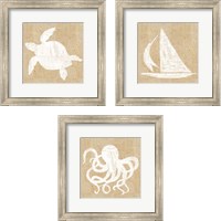 Framed 'Driftwood Coast White Burlap 3 Piece Framed Art Print Set' border=