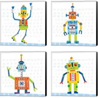 Framed 'Robot Party on Squares 4 Piece Canvas Print Set' border=