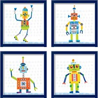 Framed 'Robot Party on Squares 4 Piece Framed Art Print Set' border=