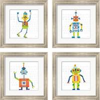 Framed 'Robot Party on Squares 4 Piece Framed Art Print Set' border=