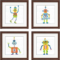 Framed 'Robot Party on Squares 4 Piece Framed Art Print Set' border=