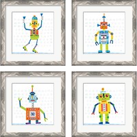 Framed 'Robot Party on Squares 4 Piece Framed Art Print Set' border=