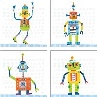Framed 'Robot Party on Squares 4 Piece Art Print Set' border=
