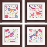 Framed 'Damask Floral and Bird 4 Piece Framed Art Print Set' border=